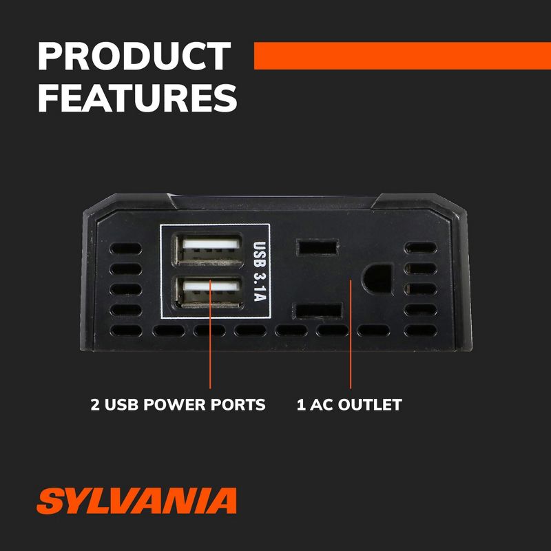 SYLVANIA - 120W Continuous / 240W Peak Power Inverter|DC 12V to 110V AC Power Car / RV Converter, 2 USB Ports 5V DC 3.1A Shared, Power / Fault LED Indicator, 12V Plug with Replaceable Fuse, 3 of 7
