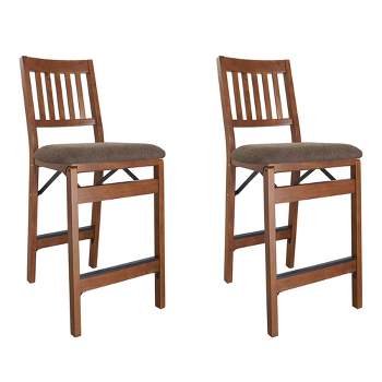 MECO Stakmore Premium Solid Wood Dining Table Folding Counter Stools Set with Fabric Padded Upholstered Seat, Espresso (Set of 2)
