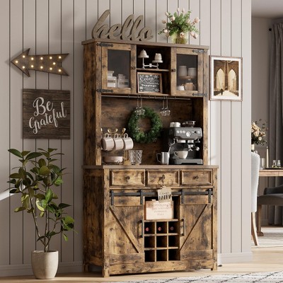 Whizmax 72" Farmhouse Coffee Bar Cabinet, LED Lights & Power Outlets, Sliding Barn Doors, Rustic Brown Buffet with Wine Storage & Microwave Space