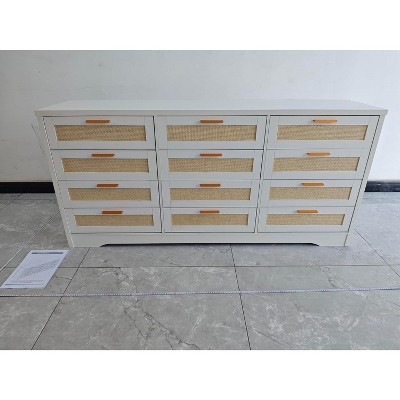 12 Drawer Dresser for Bedroom, Modern Farmhouse Rattan Chest of Drawers with Handles, Wood Dresser for Closet, Living Room, Entryway, and Hallway