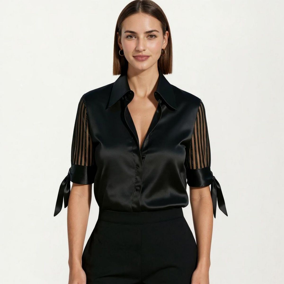 Anna-Kaci Women's Satin Collared Blouse with Sheer Stripe Sleeves and Bow Tie Cuffs - thumbnail 2
