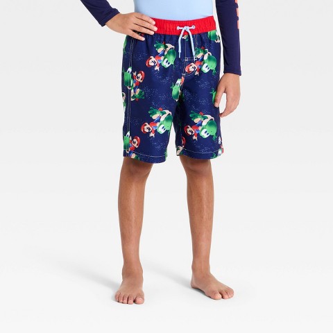 Nintendo Boys' Nintendo Super Mario Brothers and Yoshi Printed Swim Shorts - Navy Blue XL