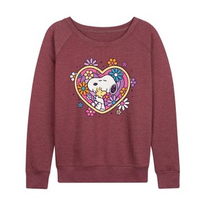 Women's - Peanuts - Hug Heart Flower Lightweight French Terry Wide Neck Long Sleeve Shirt - 1 of 4