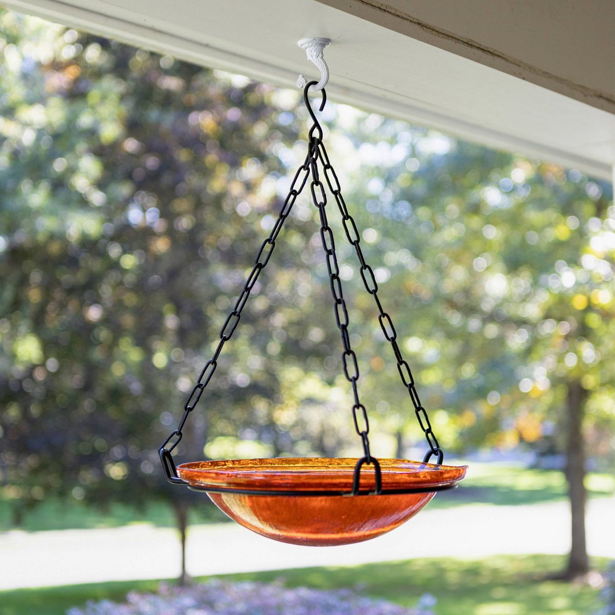 12.5" Crackle Glass Hanging Birdbath Bowl Mandarin Orange - ACHLA Designs: Wrought Iron Garden Decor - thumbnail 7