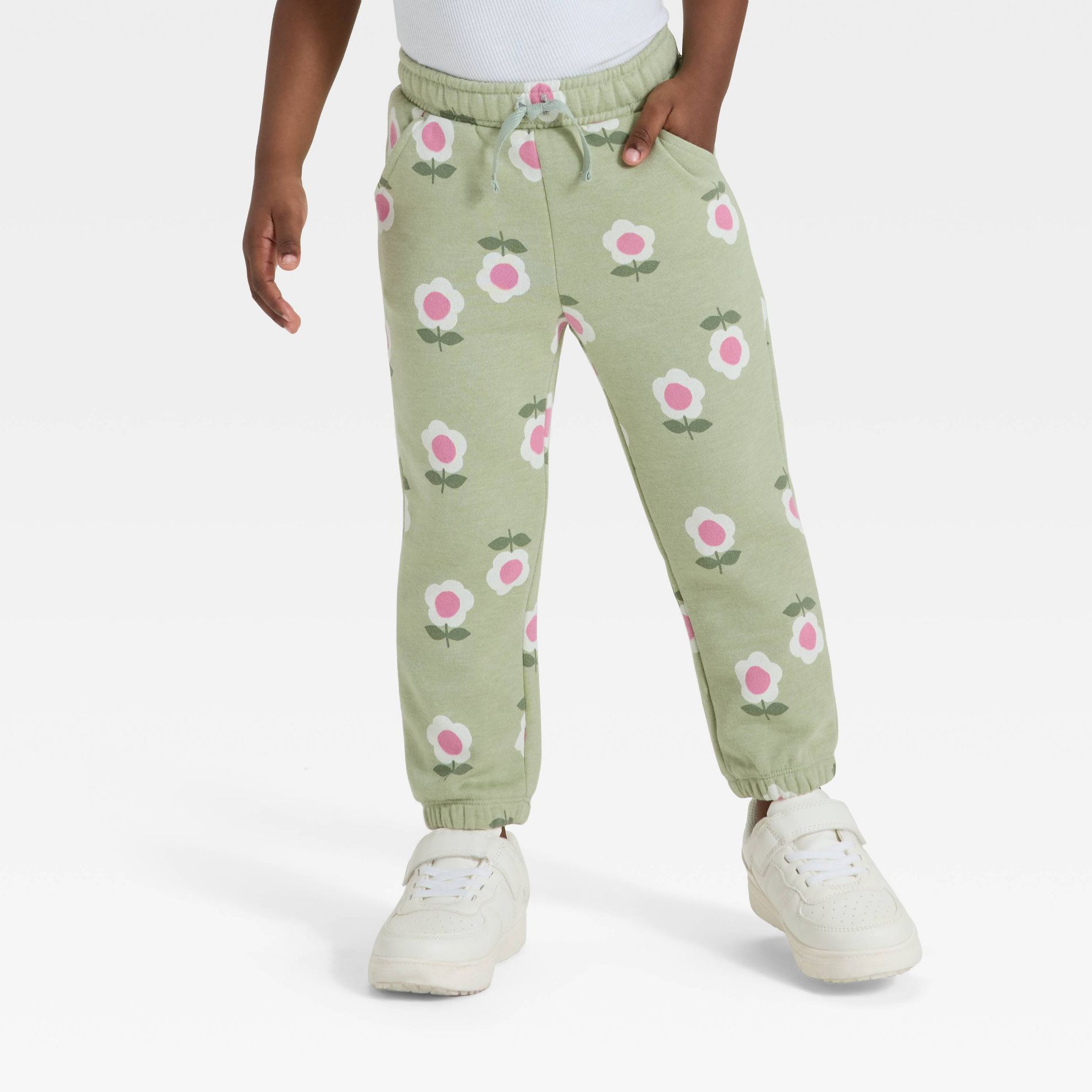 Toddler Girls' Floral Fleece Jogger Pants - Cat & Jack™ Olive Green 3T