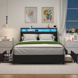 Racxily Queen Bed Frame, Ergonomic Headboard with Outlets, Charger & LED Light - 1 of 4