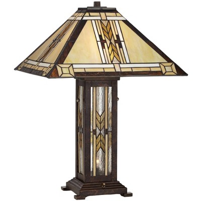 Franklin Iron Works Tiffany Style Table Lamp with Nightlight Mission 25.5" High Bronze Stained Glass for Living Room Family Bedroom (Color May Vary)
