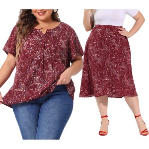 Agnes Orinda Women's Plus Size 2 Piece Set Floral Split Neckline Blouses and Wrap Midi A-Line Skirt Top and Bottom Sets - 1 of 4