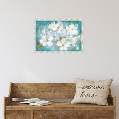 White Dogwood Blossoms on Teal Canvas Wall Art