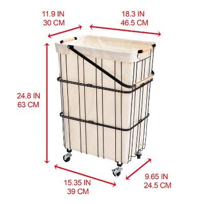 Compact White Metal Rolling Laundry Basket with Handle