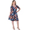 24seven Comfort Apparel Womens Black Floral Print Elbow Sleeve Knee Length Dress - 2 of 4