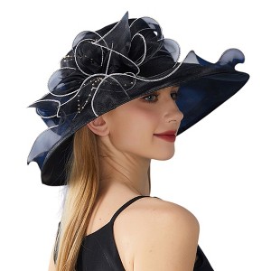 Anna-Kaci Women's Wide Brim Organza Dress Hat with Sheer Ribbon Floral Design for Formal Events and Sun Protection - 1 of 4
