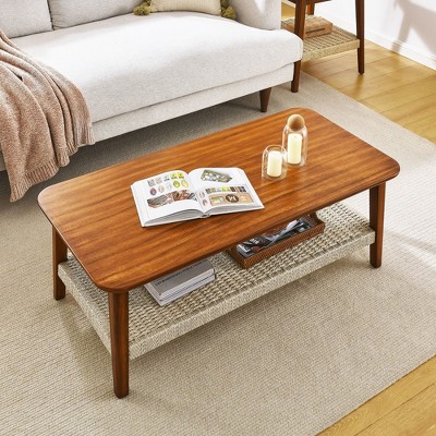 47.25" Mid-Century Coffee Table with Woven Shelf