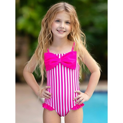 Mia Belle Girls Seaside Stripes Pink Bow One-Piece Swimsuit Mia Belle Girls, Pink, 4/5
