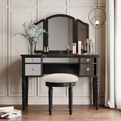 Bella Depot Vanity Table Set with Mirrored Drawers and Stool