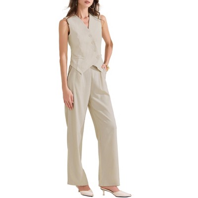 INSPIRE CHIC Women's Outfit Sleeveless Blazer Suit Vest Waistcoat Wide Leg Pants Sets 2 Pieces