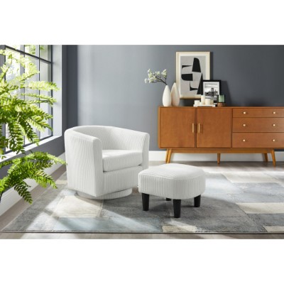 White Swivel Accent Chair 360° Comfy Recliner Corduroy Arm Chair Single Sofa with Ottoman for Living Room Bedroom