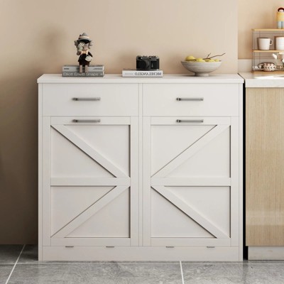 LunaLulinlk White Tilt and Pull Trash Can Cabinet with 2 Drawers, Deodorized, Holds 2x10 Gallons of Trash