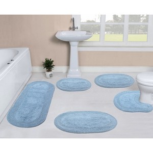 Double Ruffle Bathroom Rugs Set, Washable Rug, Extra Soft and Absorbent bath Rug, Kitchen Mat, Bath Mat Set,Non-Slip, 5 Pcs Set with Contour, Blue - 1 of 4