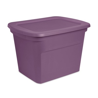 Sterilite Lidded Stackable 18 Gallon Storage Tote Container w/ Handles and Indented Lid for Efficient, Space Saving Household Storage, Purple, 32 Pack