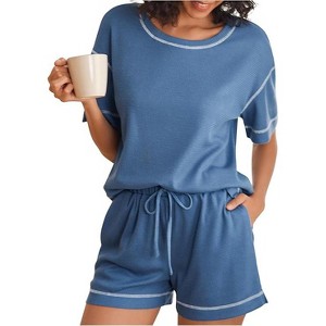 Ekouaer Women's Waffle Knit Two Piece Lounge Set, Soft Matching Outfits for Daily Wear, Casual Shorts Set with Pocket - 1 of 4