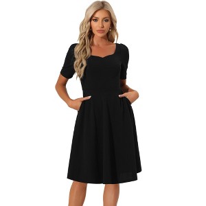 Allegra K Women's Sweetheart Neckline Short Sleeve Work A-Line Dress - 1 of 4