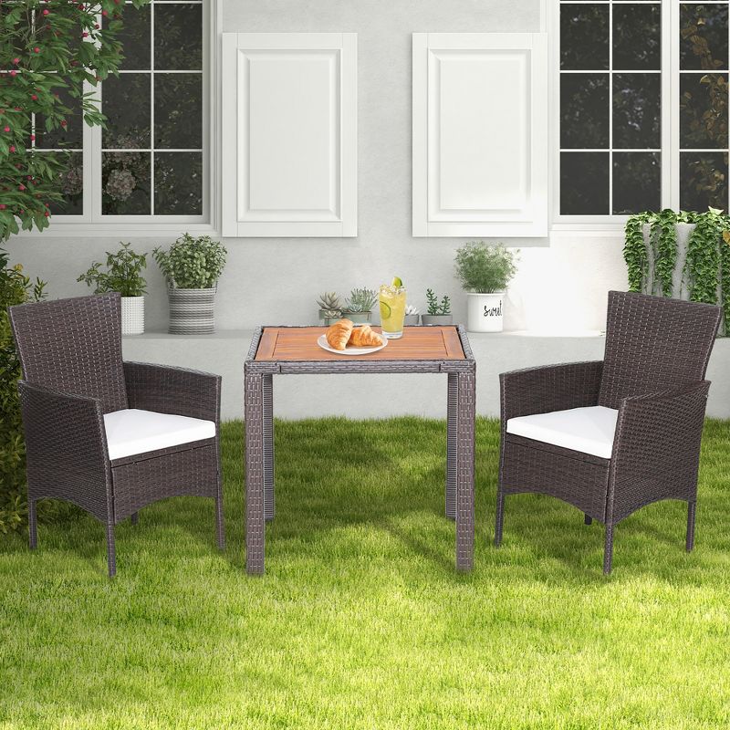 Costway 3PCS Patio Wicker Dining Set Acacia Wood Table Top with Cushioned Chairs Garden, 4 of 11