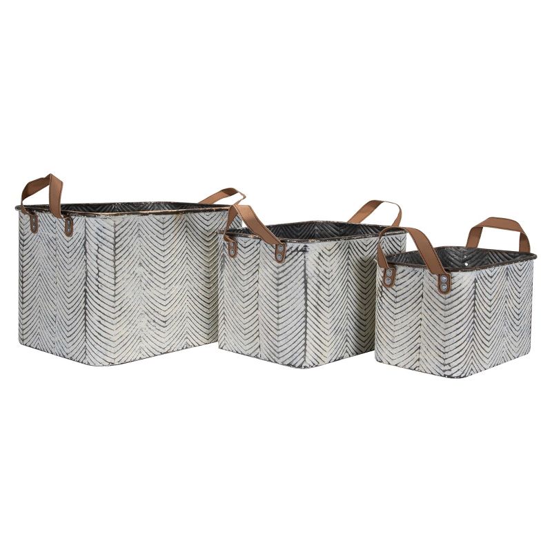 Set of 3 Rustic Whitewashed Pattern Galvanized Metal Decorative Storage Bins With Faux Leather Handles - Foreside Home and Garden, 2 of 10