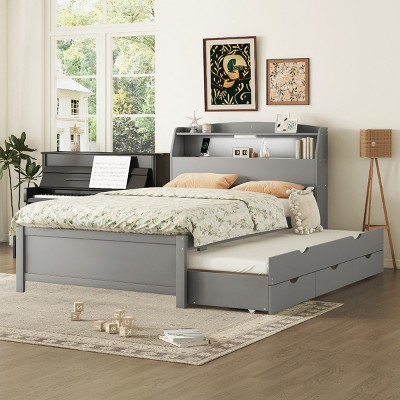 LED Platform Bed with Trundle and USB Ports, Bed with Flip-Up Storage Headboard and Under-Bed Drawers, Wooden Frame Bed-Baofuwish