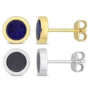 EVERLY JEWELRY | Men's Yellow and White Sterling Silver 1 1/4ct TGW Round Hematite and Lapis Stud Earrings 2-Piece Set - 1 of 4