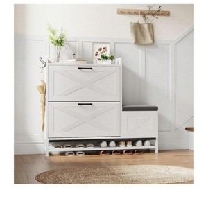 White- Shoe Cabinet With 2 Flip Drawers & Padded Seat Cushion, Narrow Shoe Organizer Rack For Entryway, Front Door, Foyer, Hallway Compartment Room - 1 of 4