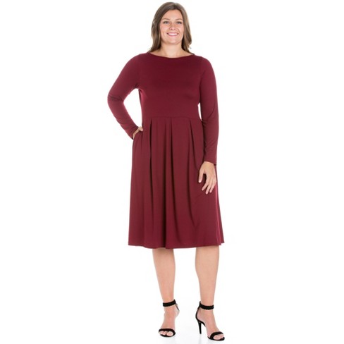 24seven Comfort Apparel Long Sleeve Fit And Flare Plus Size Midi Dress ...