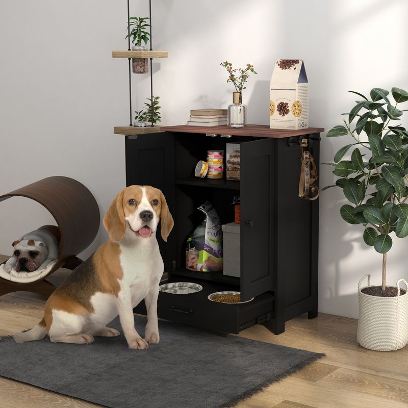 PawHut Dog Feeding Station, Dog Food Storage Cabinet with Raised Dog Bowls, Adjustable Panel, Hooks, for Medium Sized Dogs, 3 of 7