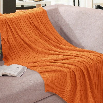 Cotton Cable Knit Twin Blanket, Super Soft Warm Knitted Blanket, 60x80 Inches, Orange - NTBAY