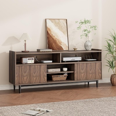 TV Stand, Entertainment Center with 2 Sliding Fluted Doors, Boho Wooden Media TV Console