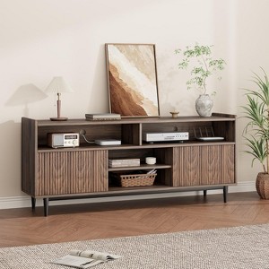 TV Stand, Entertainment Center with 2 Sliding Fluted Doors, Boho Wooden Media TV Console - 1 of 4
