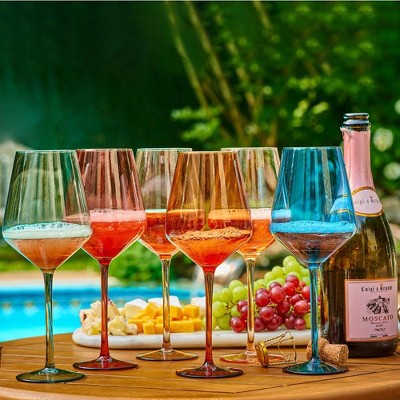 Set of 6 Multi-Colored Hand-Blown Crystal Wine Glasses
