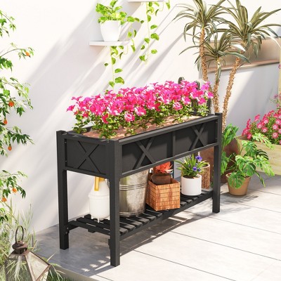 Black Wooden Raised Planter Box with Storage Shelf