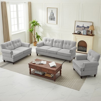 Hyleory Modern Chenille Fabric Nailhead Tufted Sectional Sofa Set With Wood Frame for Living Room