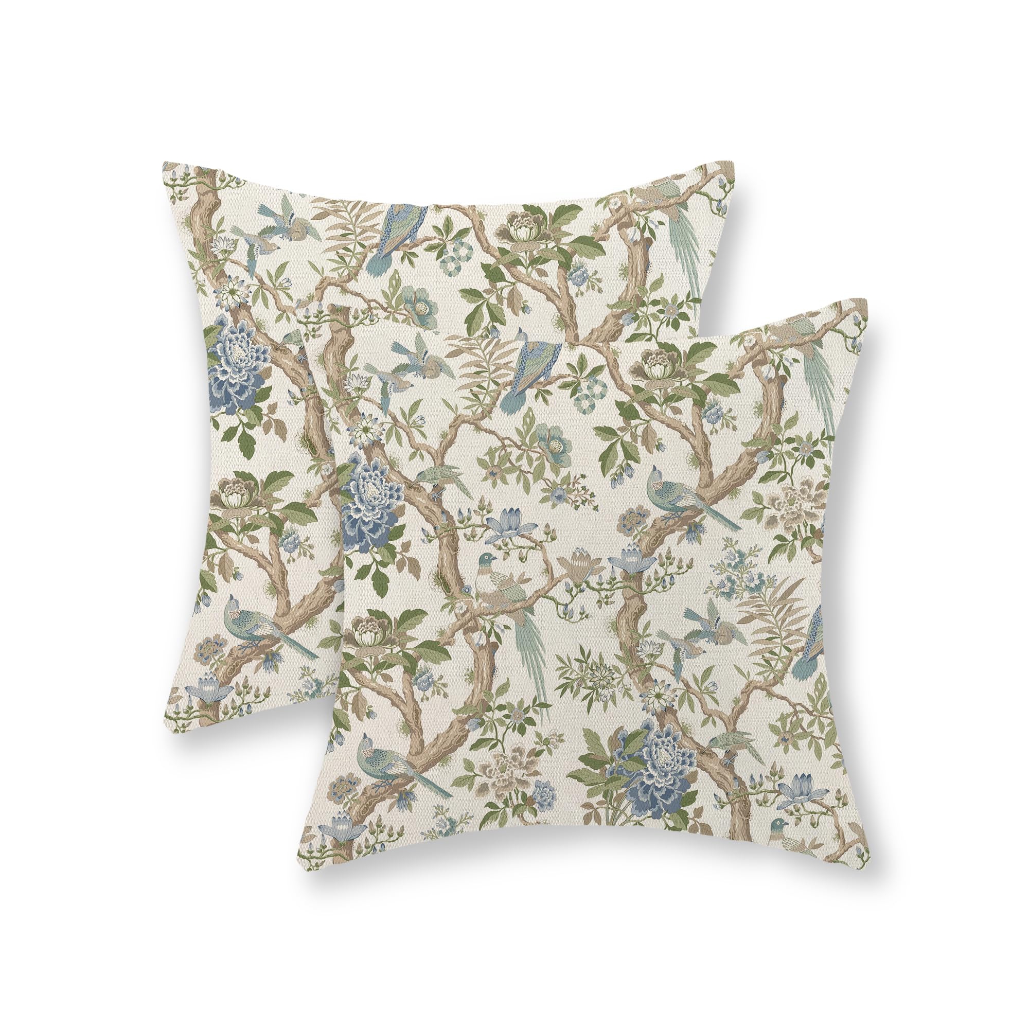 Lomsoe Chinoiserie Pillow Covers 18x18 Set of 2 Blue Green Bird Floral Throw Pillows