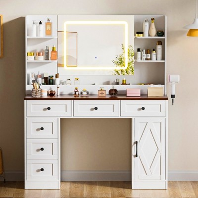 COMHOMA Makeup Vanity Desk with Mirror and Lights, Large Vanity Table with 6 Drawers & 1 Storage Cabinet