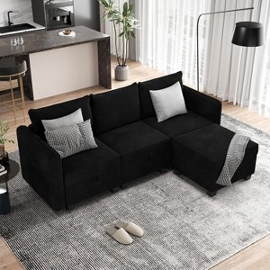 L-Shape Sectional Sofa - 4-seater with storage ottoman & soft velveteen fabric. High-support sponges for apartment living. - 1 of 4