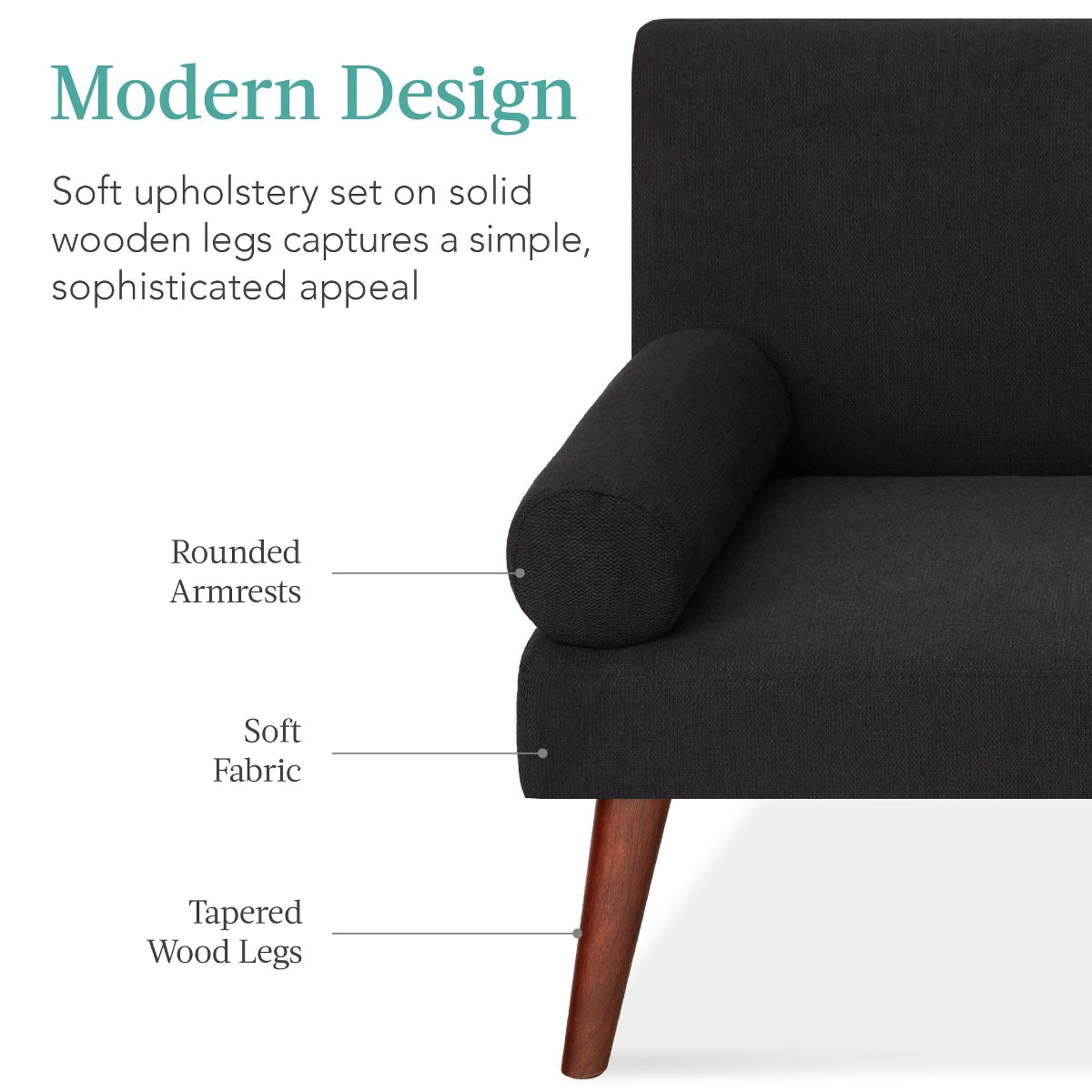 Best Choice Products Fabric Upholstered Convertible Futon w/ Rounded Armrests, Wooden Legs, 2 Cupholders - Black - thumbnail 2