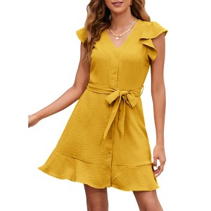 Women's Casual Summer Ruffle Sleeve Mini Dress V-Neck Tie Waist Button Front A-Line Swing Business Office Dress - 1 of 4