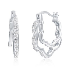 Bella Silver Sterling Silver, Flower CZ Overlapping Hoop Earrings - Silver - 1 of 2