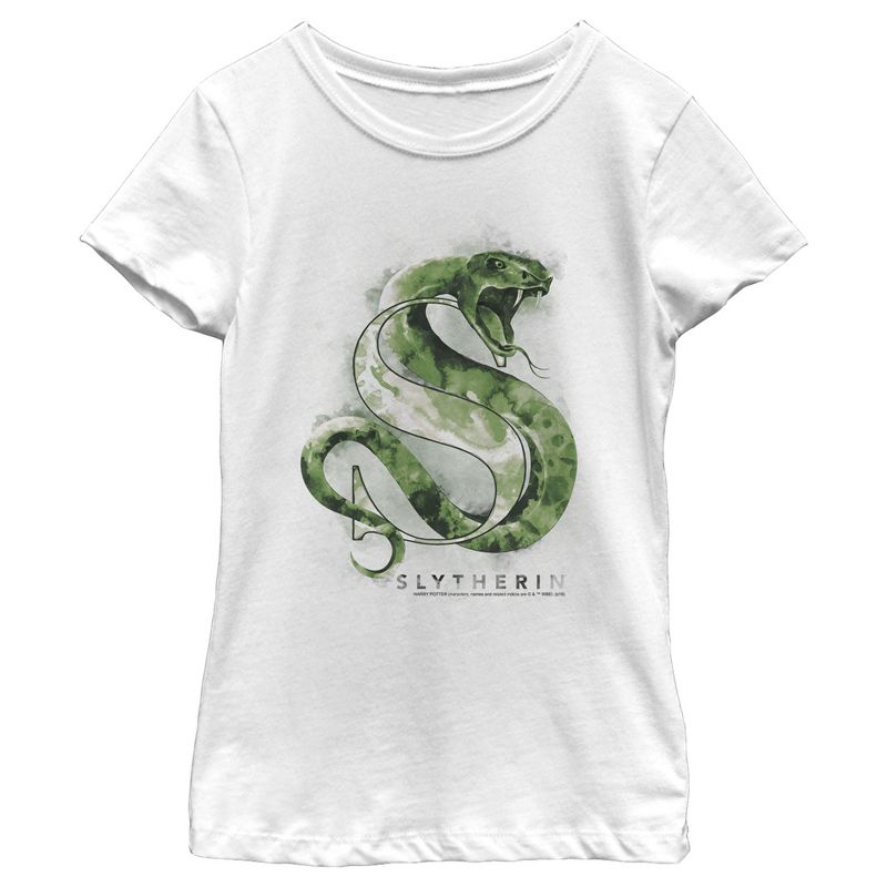 Girl's Harry Potter Slytherin Snake Watercolor T-Shirt, 1 of 5