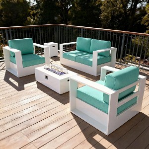 LayinSun 4 Piece Oversized Aluminum Outdoor Furniture Set, Patio Sofa Sets with Fire Pit Table, Deep Seating and Upgraded 6-inch Cushions - 1 of 4