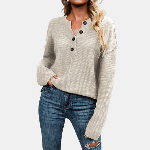 Women s Textured Half button Drop Shoulder Sweater cupshe l off