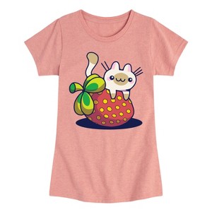 Girls' - Instant Message - Kawaii Cat with Strawberry Fitted Short Sleeve Graphic T-Shirt - 1 of 4