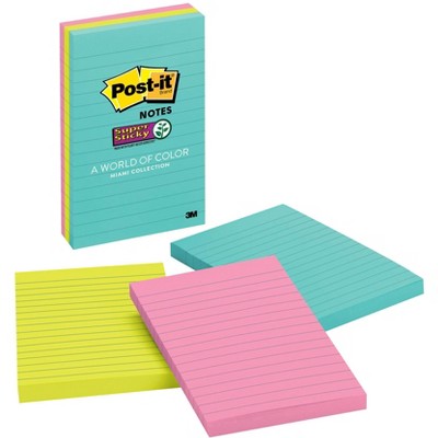 Post-it Super Sticky Lined Notes, 4 x 6 Inches, Miami Colors, 3 Pads with 90 Sheets